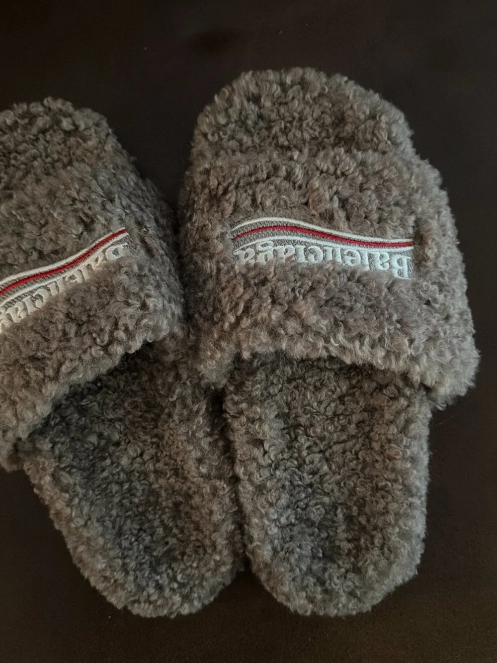 Balenciaga Gray Fuzzy Shearling Slide Sandals with Red & White Logo